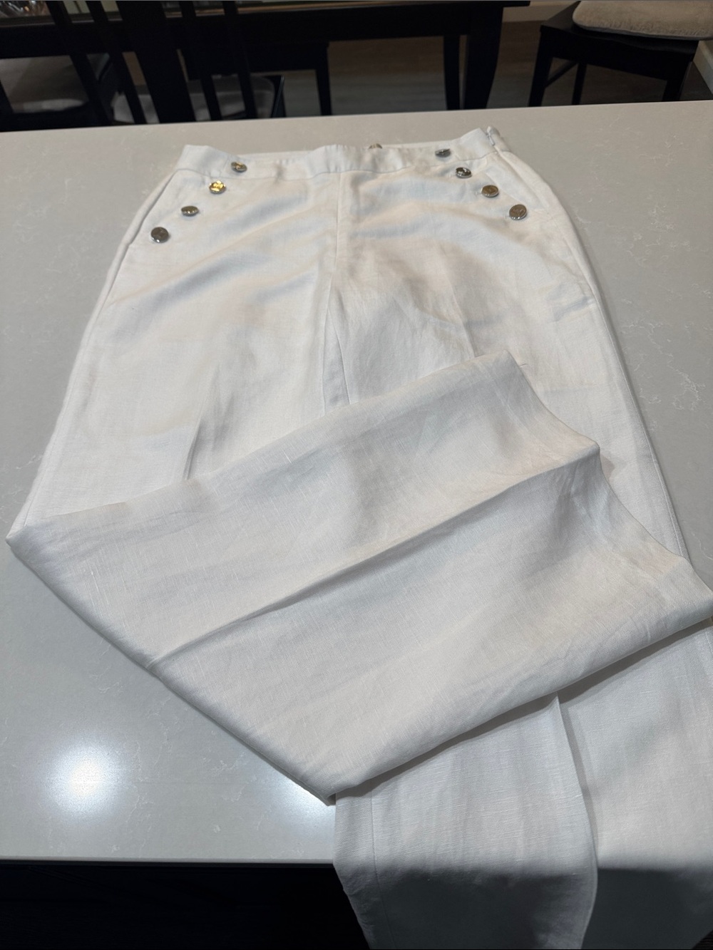Karl Lagerfeld White Linen-Blend Boot Cut Pants with Gold Buttons